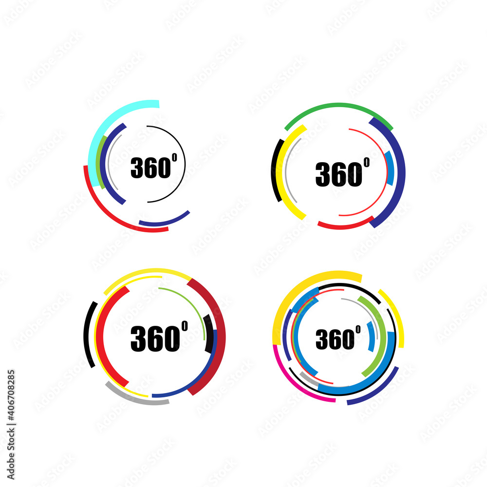 360 degrees icon set isolated on white background. 360 degrees logotype design concept with colorful lines. Angle 360 rotate icon 360 degrees icon set isolated on white background. 360 degrees logotype design concept with colorful lines. Angle 360 rotate icon