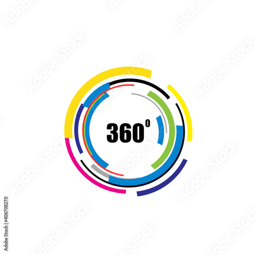 360 degrees icon isolated on white background. 360 degrees logotype design concept with colorful lines. Angle 360 rotate icon