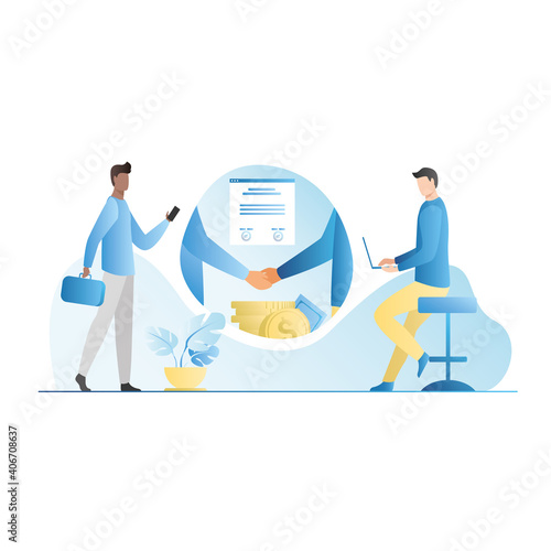 Meeting vector business people with laptop, smartphone, suitcase. Men conclude an agreement, agreement on money signatures on paper, handshake. Successful deal. Blue background. Guy works at computer.