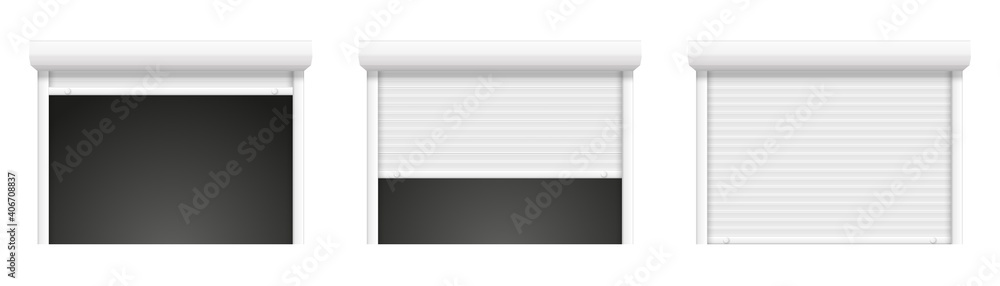 Garage shutter door. Open and closed roller steel store window. Vector realistic lock shop door. Garage shutter door. Open and closed roller steel store window. Vector realistic lock shop door.
