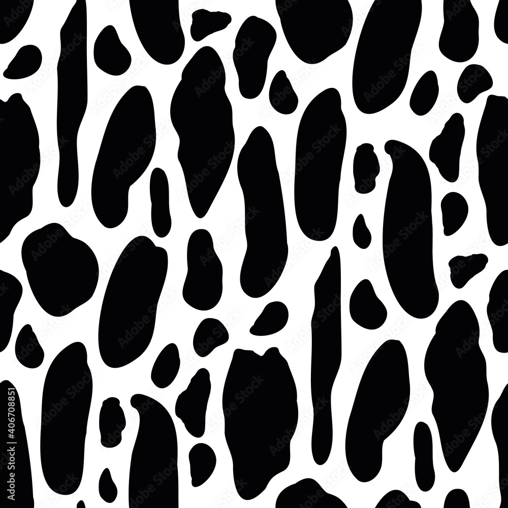 Vector cow pattern seamless background. Black irregular patches on white backdrop. Abstract cows skin texture illustration. Random bovine spots hand drawn design. Farm animal textural all over print Vector cow pattern seamless background. Black irregular patches on white backdrop. Abstract cows skin texture illustration. Random bovine spots hand drawn design. Farm animal textural all over print