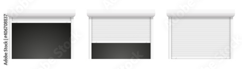 Garage shutter door. Open and closed roller steel store window. Vector realistic lock shop door.