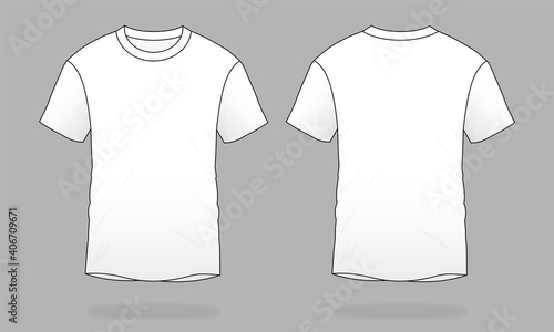 Blank White Short Sleeves T-Shirt Template on Gray Background.Front And Back View.