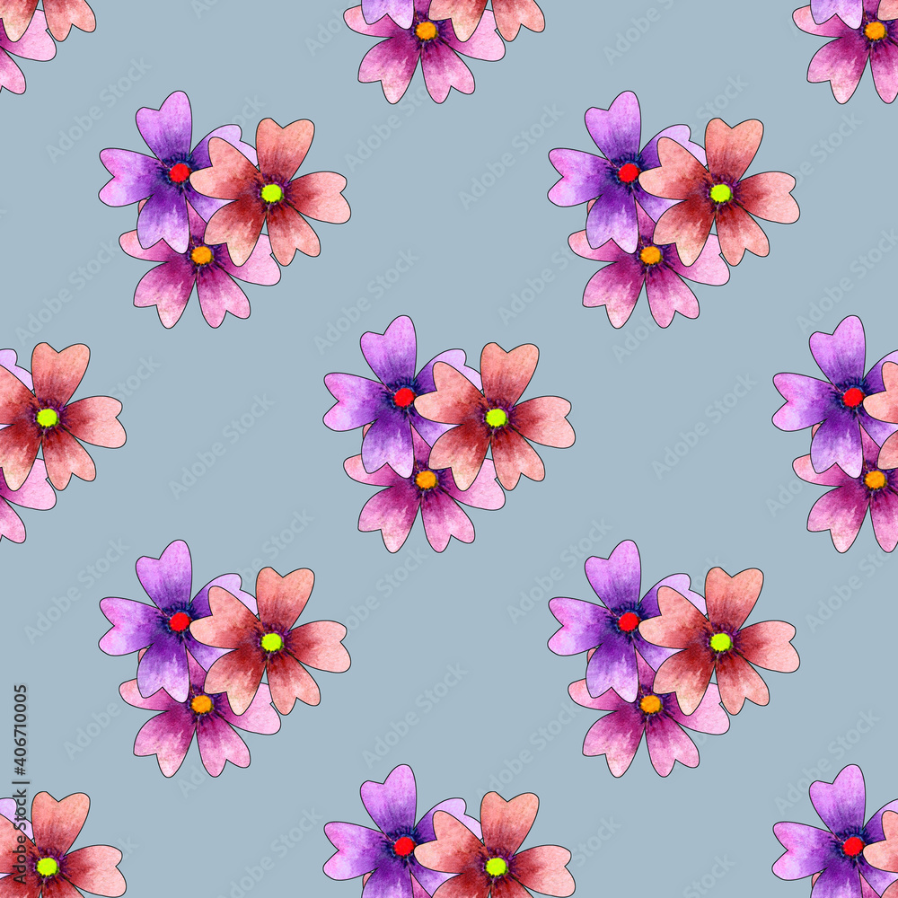 Seamless pattern with watercolor simple flowers.Spring-summer print.Floral background..