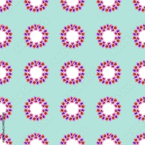 Seamless pattern with simple flowers circle wreath on blue background.