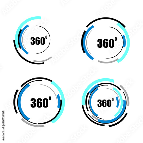 360 degrees icon set isolated on white background. 360 degrees logotype design concept with colorful lines. Angle 360 rotate icon