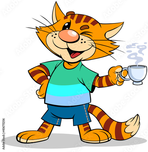 Red cat with coffee.
A vector illustration of a cartoon striped red cat holding a steaming cup of coffee

