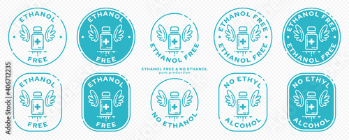 A set of conceptual stamps for packaging products. Labeling - no ethyl alcohol, no ethanol. Round stamp with a flat icon of a medical bottle and wings - a symbol of liberation, freedom. Vector grouped