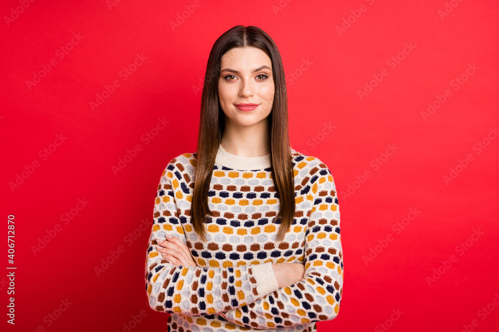 Fototapeta premium Photo portrait of smiling student folded hands wearing casual sweater smiling isolated vivid red color background
