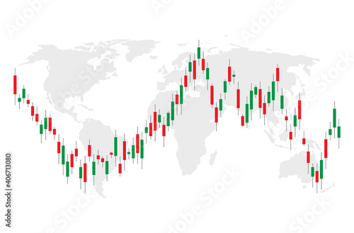 Trade of stock. Chart of forex with candles. Graph for financial market. Stock trade data on graph with japanese sticks. Exchange, buy, sell on stockmarket. Online analysis for investment. Vector