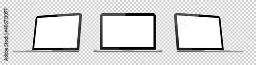 3d laptop mockup. Isometric mock up of laptop. Computer with blank screen for app. Realistic silver device with white screen isolated on transparent background. Laptop with open display. Vector