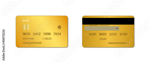 Gold credit card. Mockup of golden bank card. design of vip plastic card. Template of realistic debit card with chip. Icon for payment, world electronic shopping, transaction. Premium set. Vector