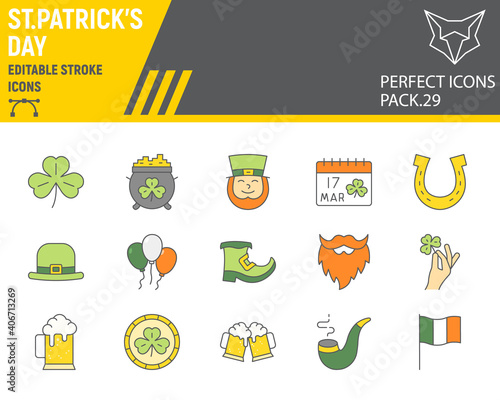 St. Patricks Day color line icon set, holiday collection, vector graphics, logo illustrations, St. Patricks Day vector icons, celebration signs, filled outline pictograms, editable stroke.