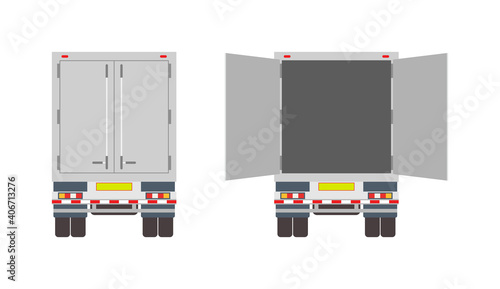 Truck in back. Van for delivery. lorry with container for cargo. Open, closed door on trailer. View rear of car for shipping. Commercial transport for post service, business. Mockup of truck. Vector
