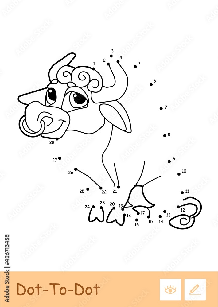 Colorless vector dot-to-dot bull isolated on white background. Farming ...