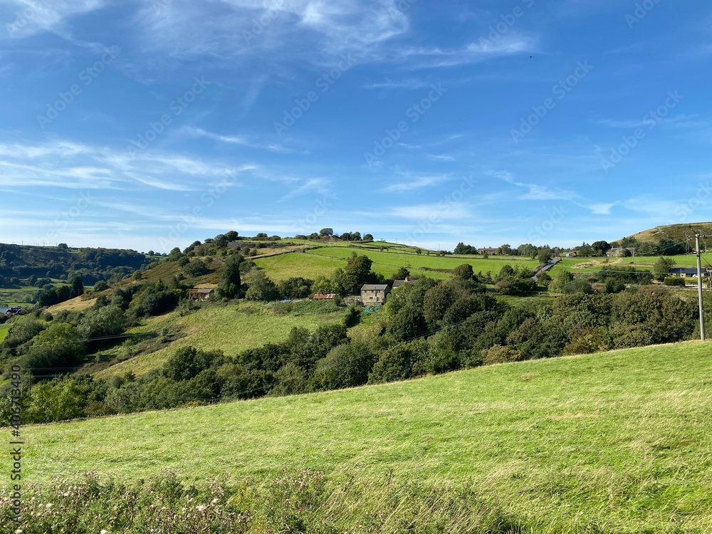 Rural landscape, with sloping fields, hills and valleys near, Halifax, Yorkshire, UK