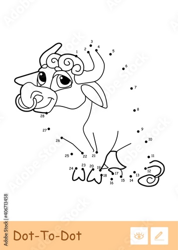 Colorless vector dot-to-dot bull isolated on white background. Farming preschool kids coloring book illustrations and developmental activity.