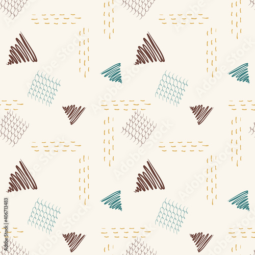 Vector seamless pattern with hand-drawn geometric shapes: strokes, lines, triangles, dots, squares on a light beige background. 