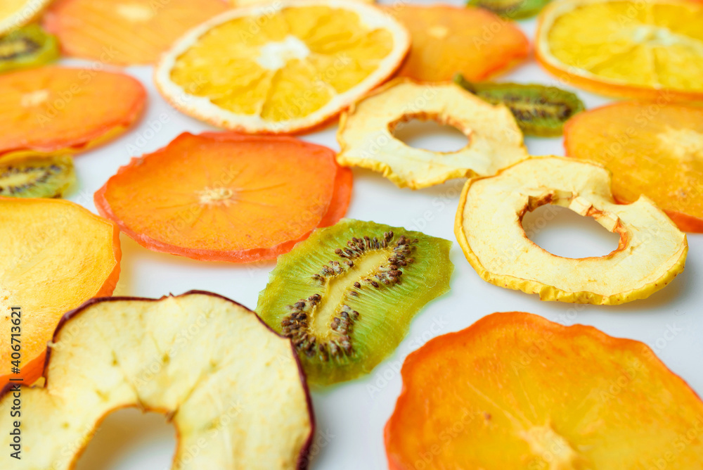 colorful fruit chips on white