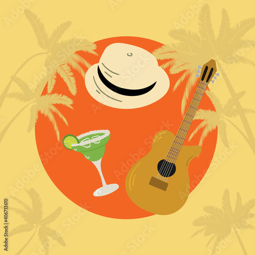 Hand drawn illustration of guitar, hat and margarita. Tropical vibe vacation concept. vector illustration