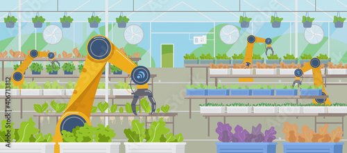 Greenhouse With Agri Robots Flat Vector Horizontal Background. Smart Farming.