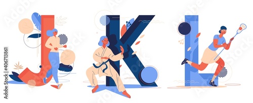 Letter J for jogging, K for karate and L for lacrosse game. Educational collection with female characters doing sport activities on white background. Vector illustration