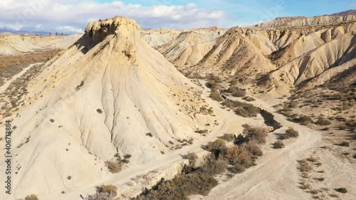 drone Aerial view of Tabernas desert landscape in Andalusia Almeria Spain Only desert in Europe