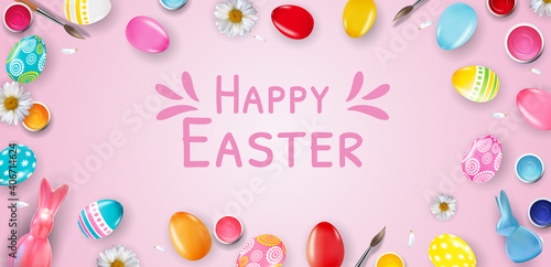 Easter poster template with 3d realistic  Easter eggs.  Template for advertising, poster, flyer, greeting card.  Vector Illustration EPS10