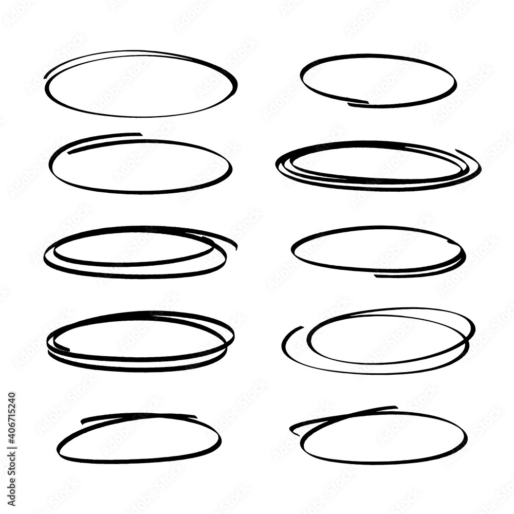 A set of hand-drawn highlight markers. Black on a white collection of free hand-drawn graphic ellipses. Vector stock illustration isolated on white background. A set of hand-drawn highlight markers. Black on a white collection of free hand-drawn graphic ellipses. Vector stock illustration isolated on white background.