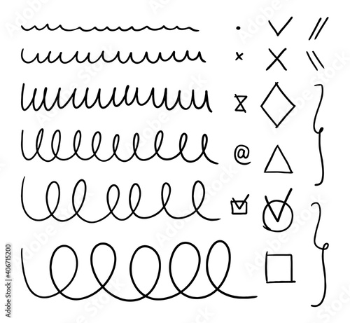A set of varied wavy lines. Collection of hand-drawn graphic brushes. Vector stock illustration of highlight lines and checkmarks isolated on white background.