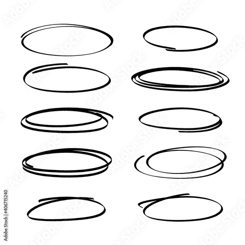 A set of hand-drawn highlight markers. Black on a white collection of free hand-drawn graphic ellipses. Vector stock illustration isolated on white background.