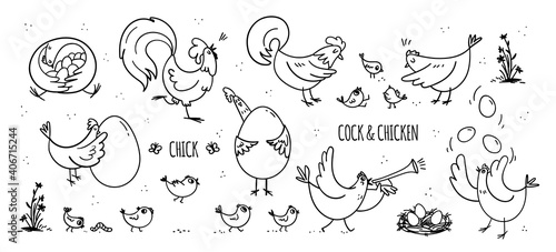 A set of hand-drawn hens and roosters with their little chickens. A collection of funny domestic birds living their own life on the farm. Vector stock illustrations in doodle style isolated on white.
