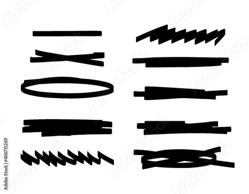 Set of bold underline and black highlight. Collection of lines and other elements for highlighting or strikethrough text. Vector stock illustration of graphic doodles on a white background.