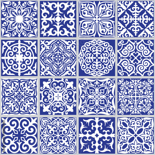 Floral texture on indigo blue. Geometric Ceramic Design Tile. Vintage Illustration background.