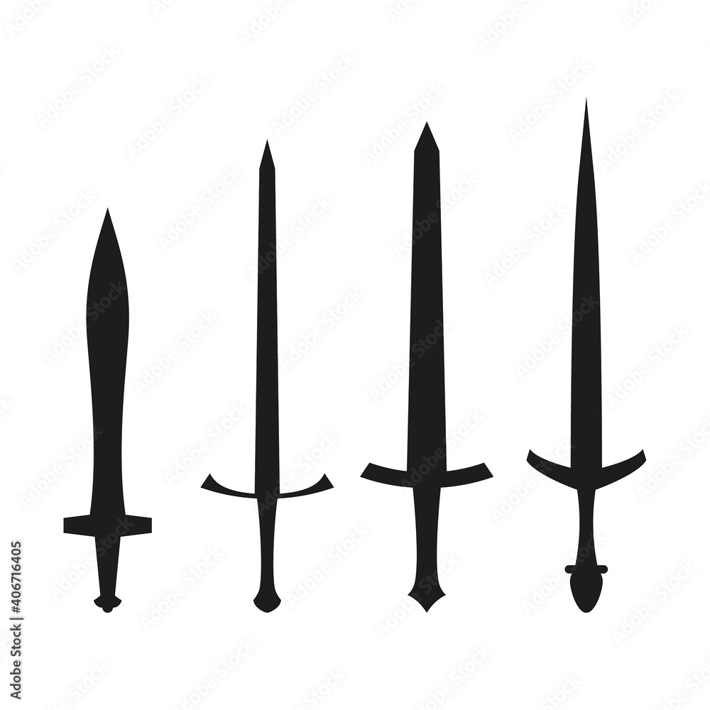 Vector set of medieval knight swords. Black isolated silhouette on a ...