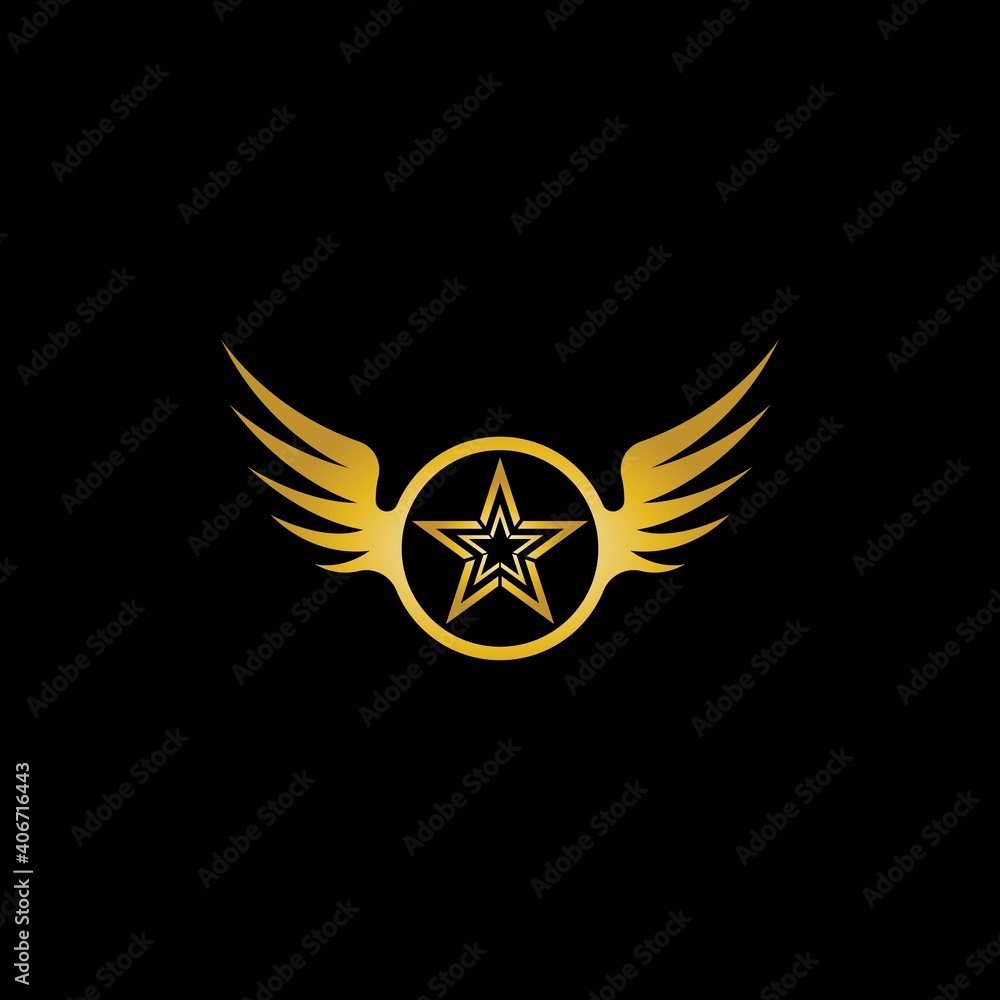 Obraz premium Gold Winged Star Logo Vector in Elegant Style with Black Background