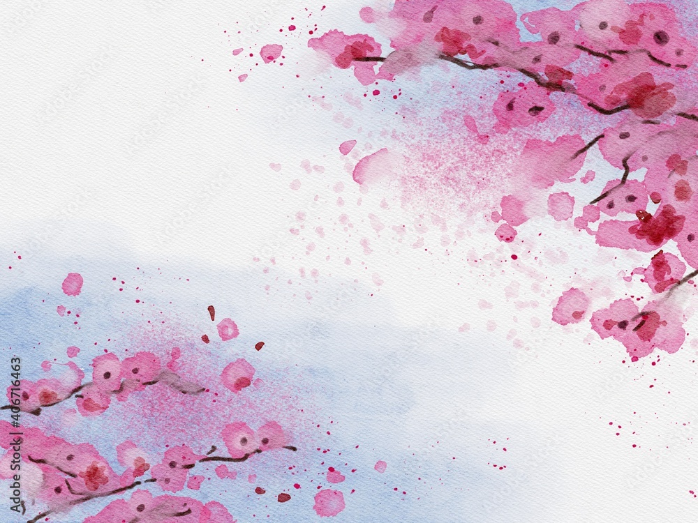 Hand Drawing Watercolour Sakura Blossom Background Blue Sky Pink Leaves