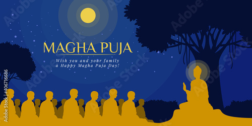 Magha puja day banner with Nightly scenery The Buddha giving a discourse on the full moon night vector design
