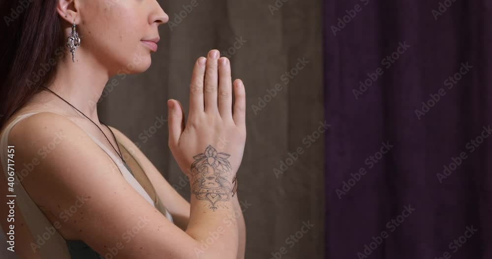 yogi woman making welcome gesture with hands yogi woman making welcome gesture with hands