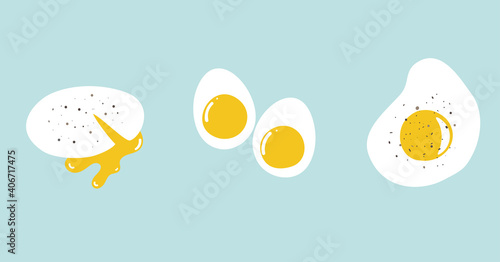 Vector illustration of different ways to cook eggs. Cooking elements. Different types of boiled and fried eggs in flat style