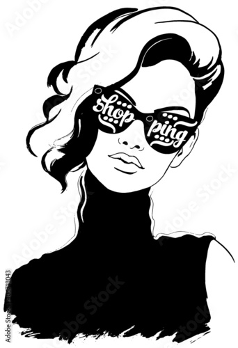 Beautiful woman face with sunglasses shopping