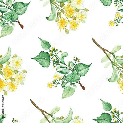 Watercolor hand painted nature herbal plant seamless pattern with yellow linden blossom flowers and green leaves on branch isolated on the white  background for print design