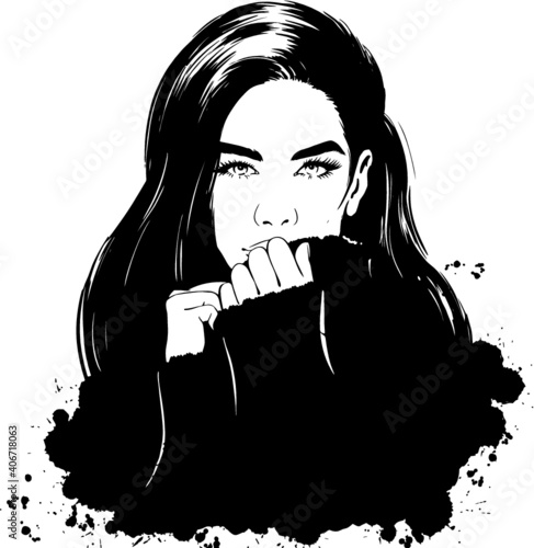 beautiful woman in black turtleneck covered half of her face.