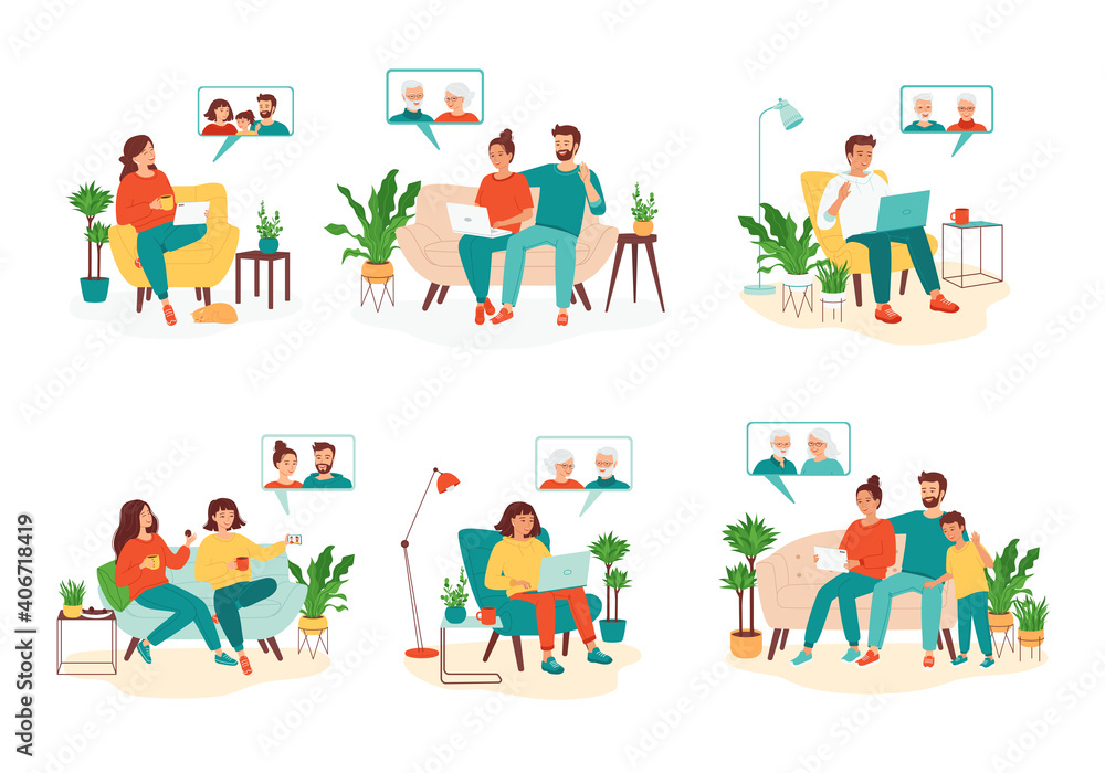 Young people communicate with family and friends via video calls. Concept remote meetings. Grandma, grandpa, children, parents, friends talk using a laptop, phone, tablet. Set of vector illustration