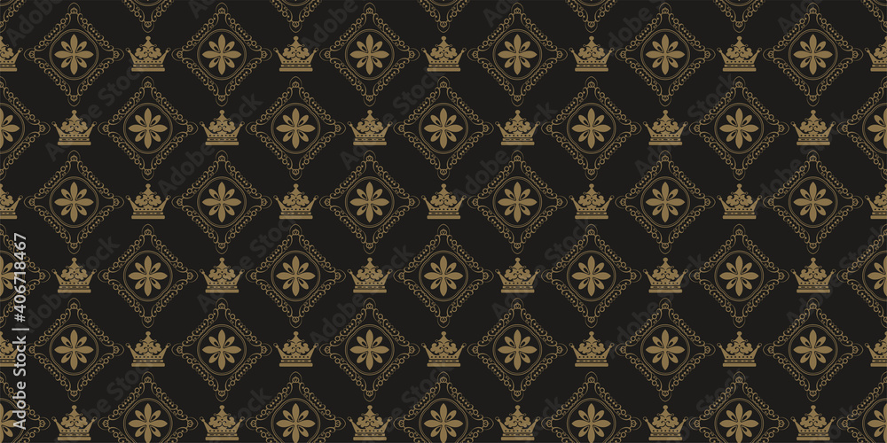 Royal background pattern. Ornament with gold elements on a black background. Seamless wallpaper texture Royal background pattern. Ornament with gold elements on a black background. Seamless wallpaper texture