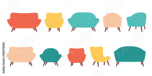 A set of sofa and armchair for a living room or office. Items for apartment design. Vector illustration in flat cartoon style isolated on white.