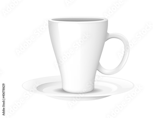 White ceramic tea cup on saucer plate vector illustration on white background realism style