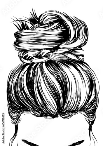 Hand-drawn beauty woman with luxurious bun silk hairstyle