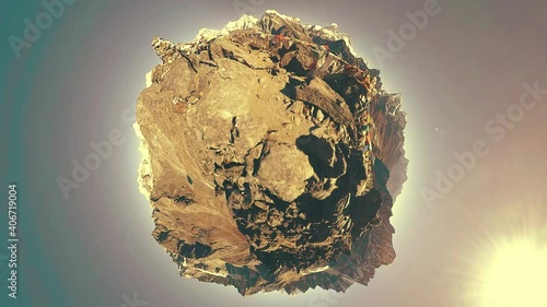 360 VR Gokyo Ri mountain top. Tibetan prayer Buddhist flag. Wild Himalayas high altitude nature and mount valley. Rocky slopes covered with ice. Tiny planet transformation.