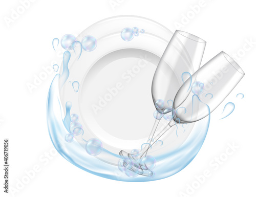 Clean plate and glass wines with water splash home or restaurant dishwashing vector illustration realistic style on white background